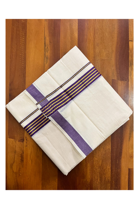 Off White Kerala Cotton Double Mundu with Kasavu and Purple Border (South Indian Kerala Dhoti)