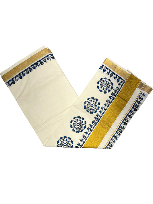 Southloom Cotton Kerala Kasavu Saree with Black and Blue Block Prints On Border