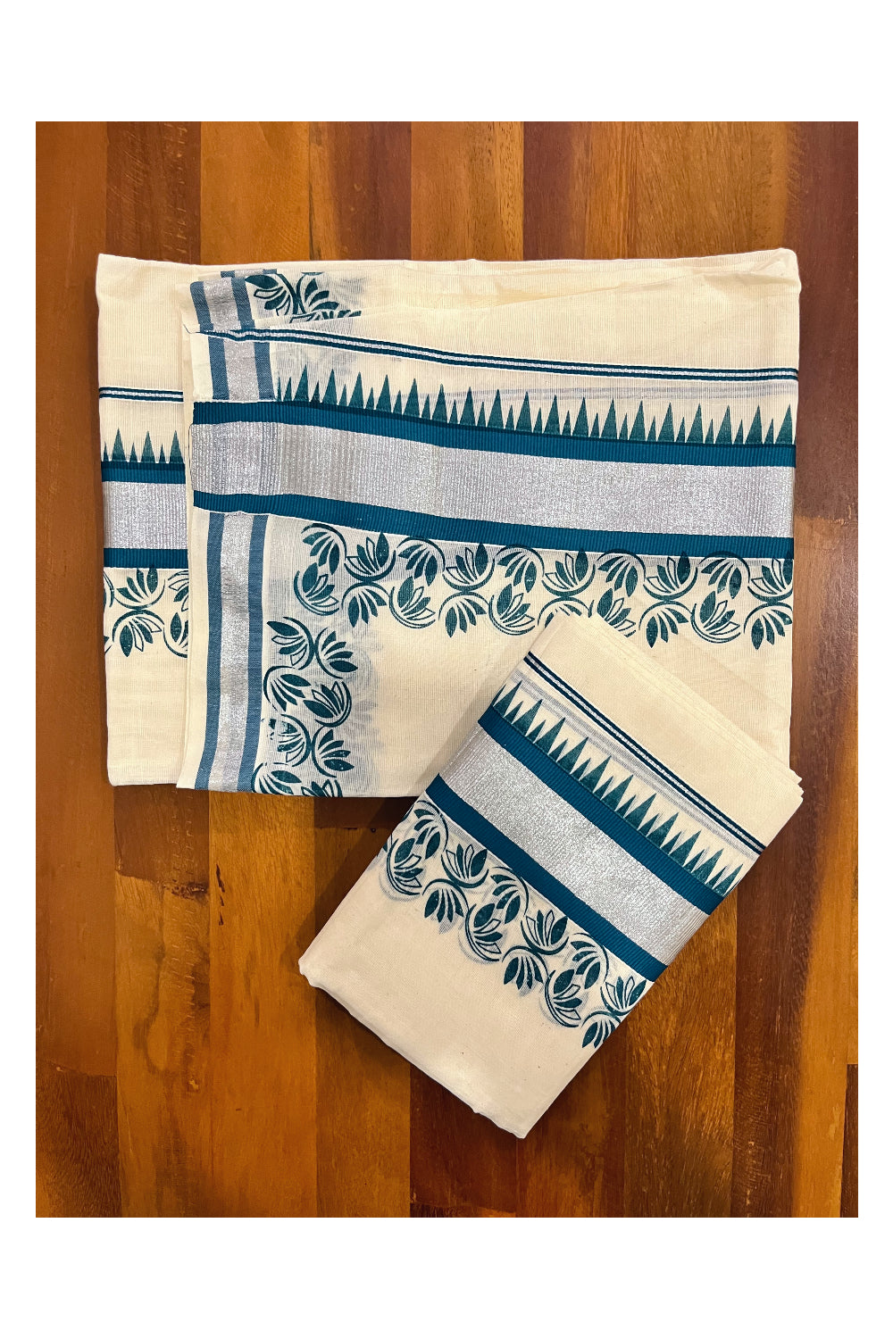 Kerala Pure Cotton Set Mundu Single (Mundum Neriyathum) with Teal Floral Temple Block Prints on Silver Kasavu Border