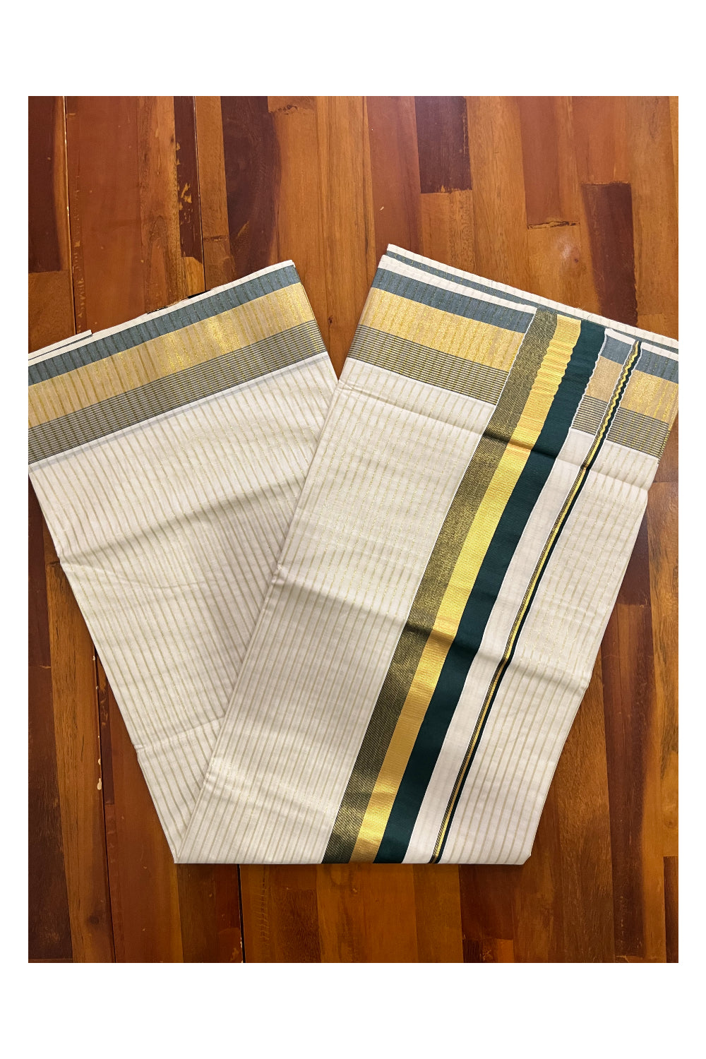 Pure Cotton Kerala Kasavu Lines Design Saree with Dark Green Border