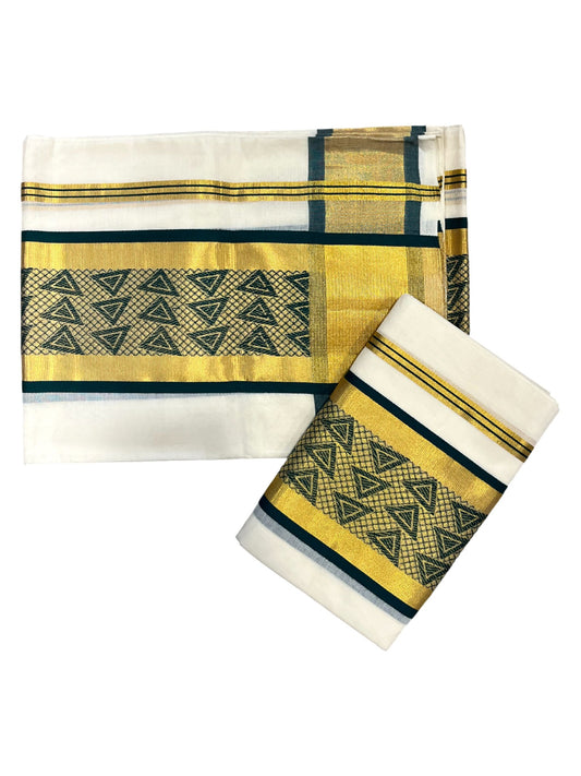 Southloom Premium Handloom Set Mundu with Kasavu and Green Golden Border (2.80 Mtr)