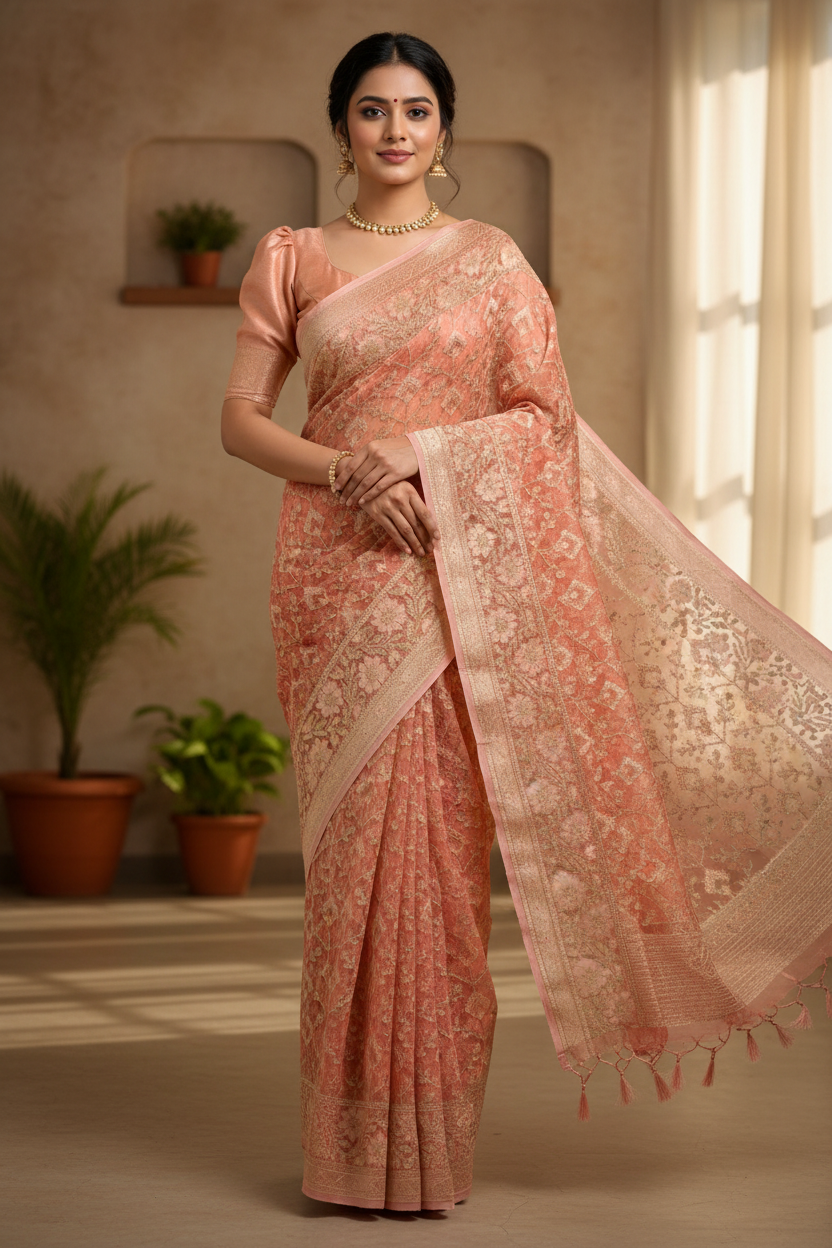 Southloom Cotton Banarasi Silk Saree with Woven Work on Body and Borders (Peach)