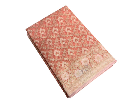 Southloom Cotton Banarasi Silk Saree with Woven Work on Body and Borders (Peach)