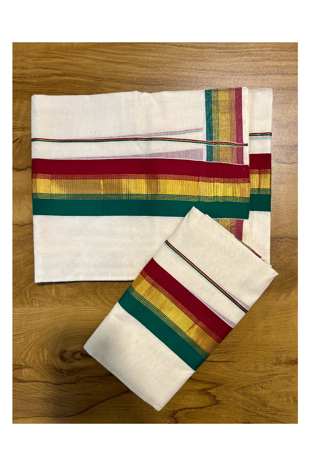 Kerala Cotton Kasavu Set Mundu (Mundum Neriyathum) with Maroon and Green Border SLKK
