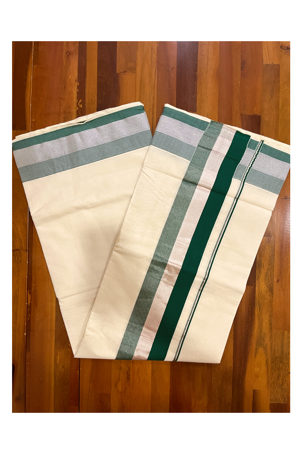 Kerala Pure Cotton Plain Saree with Silver Kasavu and Green Border