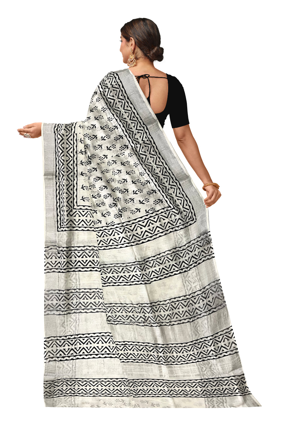 Southloom Linen Pure White Designer Saree with Black Prints and Tassels