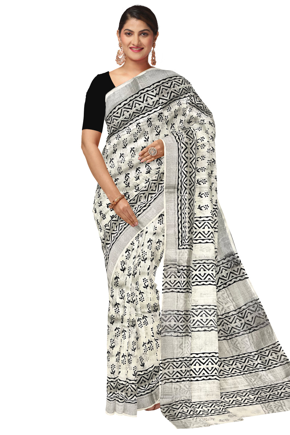 Southloom Linen Pure White Designer Saree with Black Prints and Tassels