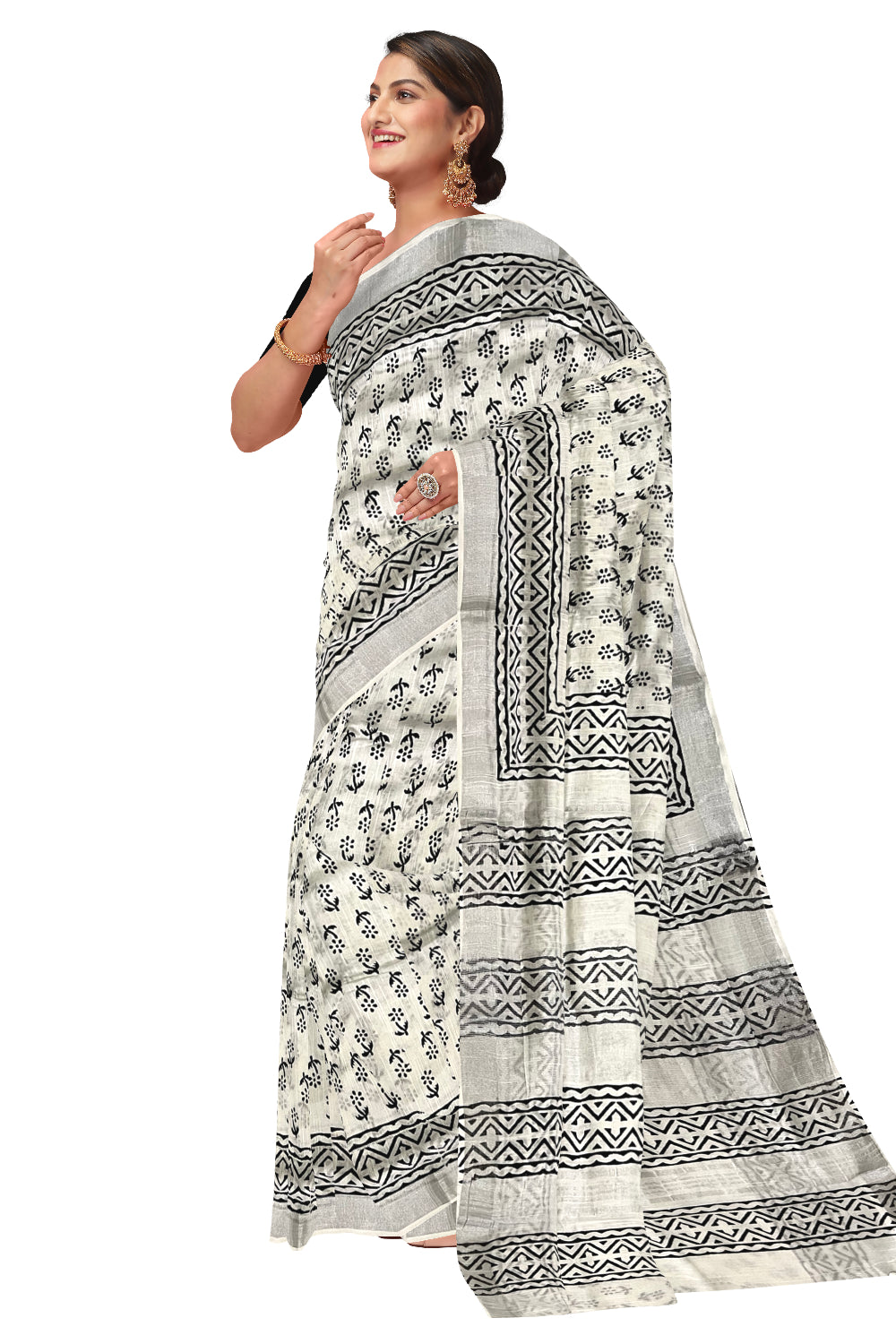 Southloom Linen Pure White Designer Saree with Black Prints and Tassels