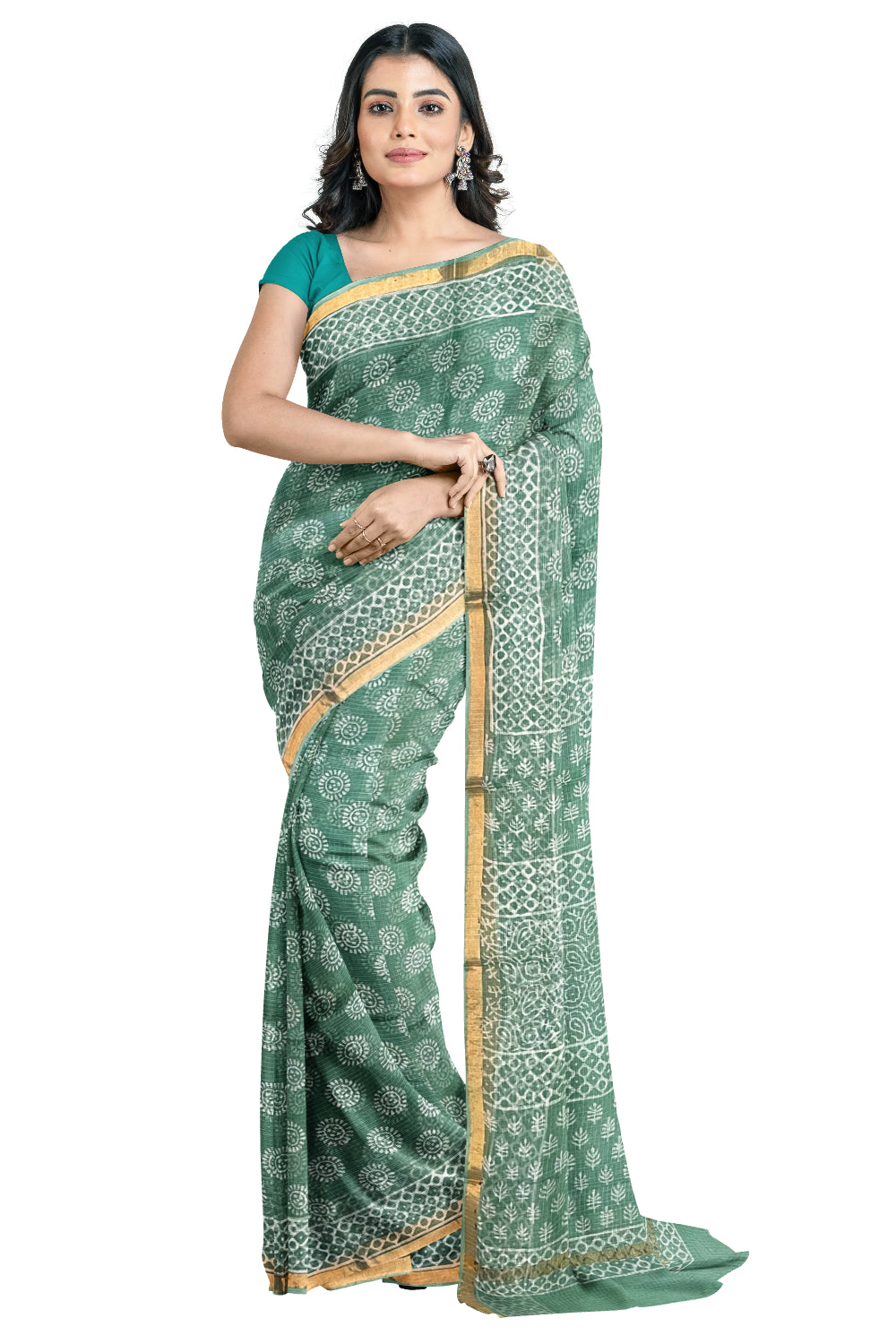 Southloom Kota Fabric Floral Printed Green Saree