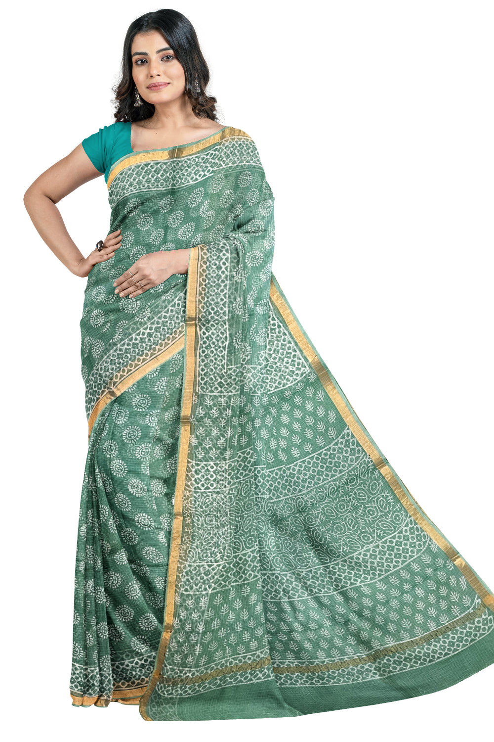 Southloom Kota Fabric Floral Printed Green Saree