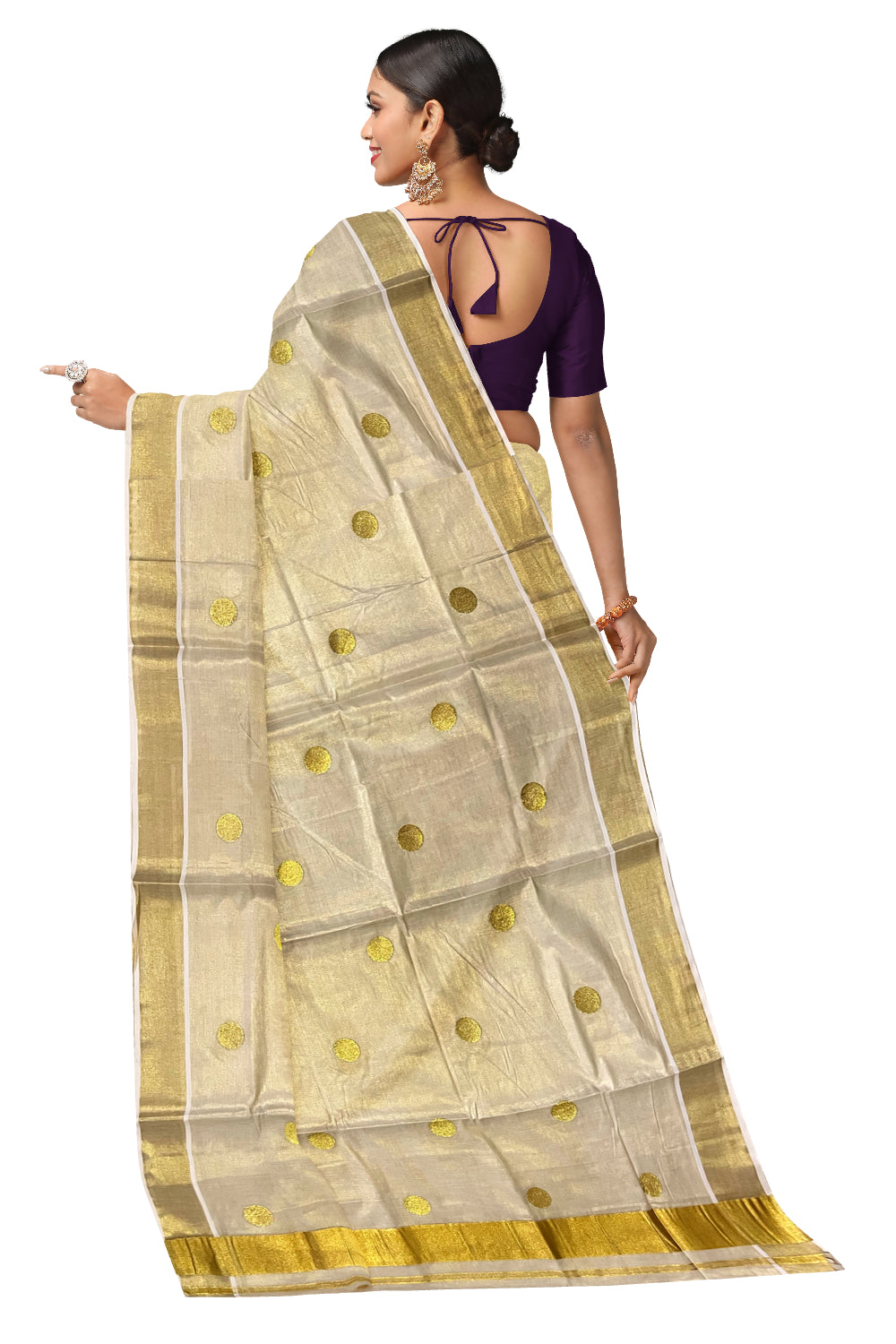 Kerala Tissue Kasavu Saree with Golden Polka Works Across Body