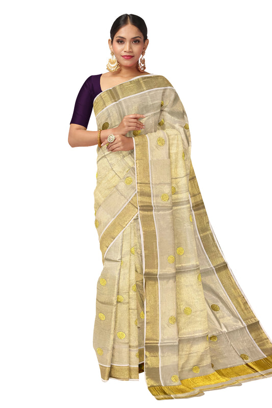 Kerala Tissue Kasavu Saree with Golden Polka Works Across Body