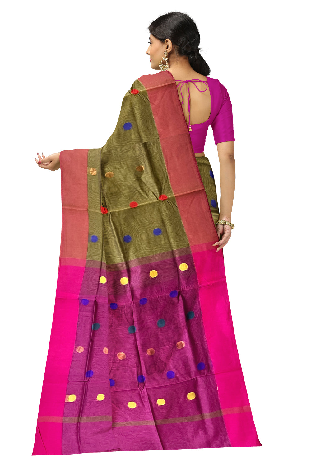 Southloom Cotton Green Saree with Polka Woven Designs and Magenta Border