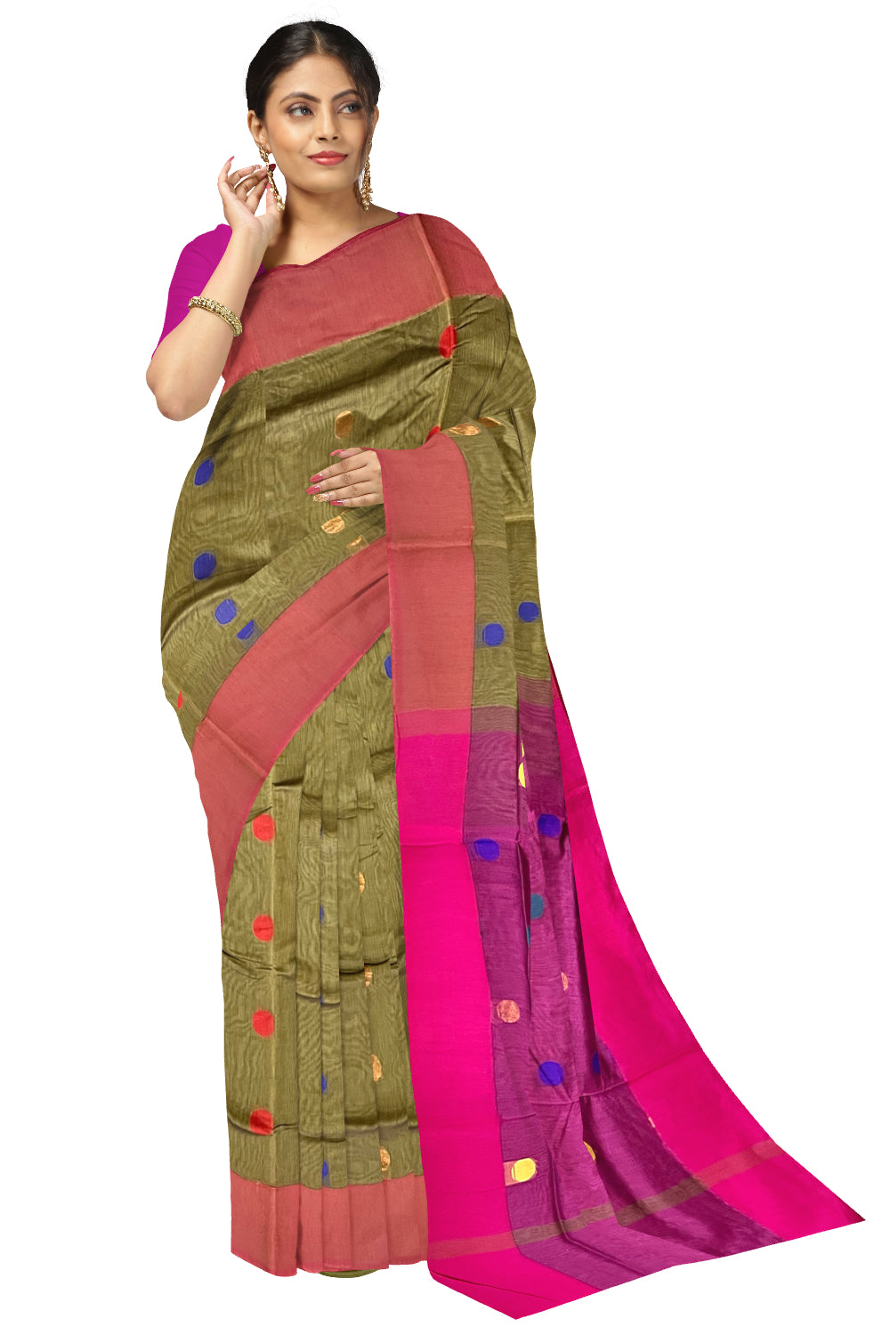 Southloom Cotton Green Saree with Polka Woven Designs and Magenta Border