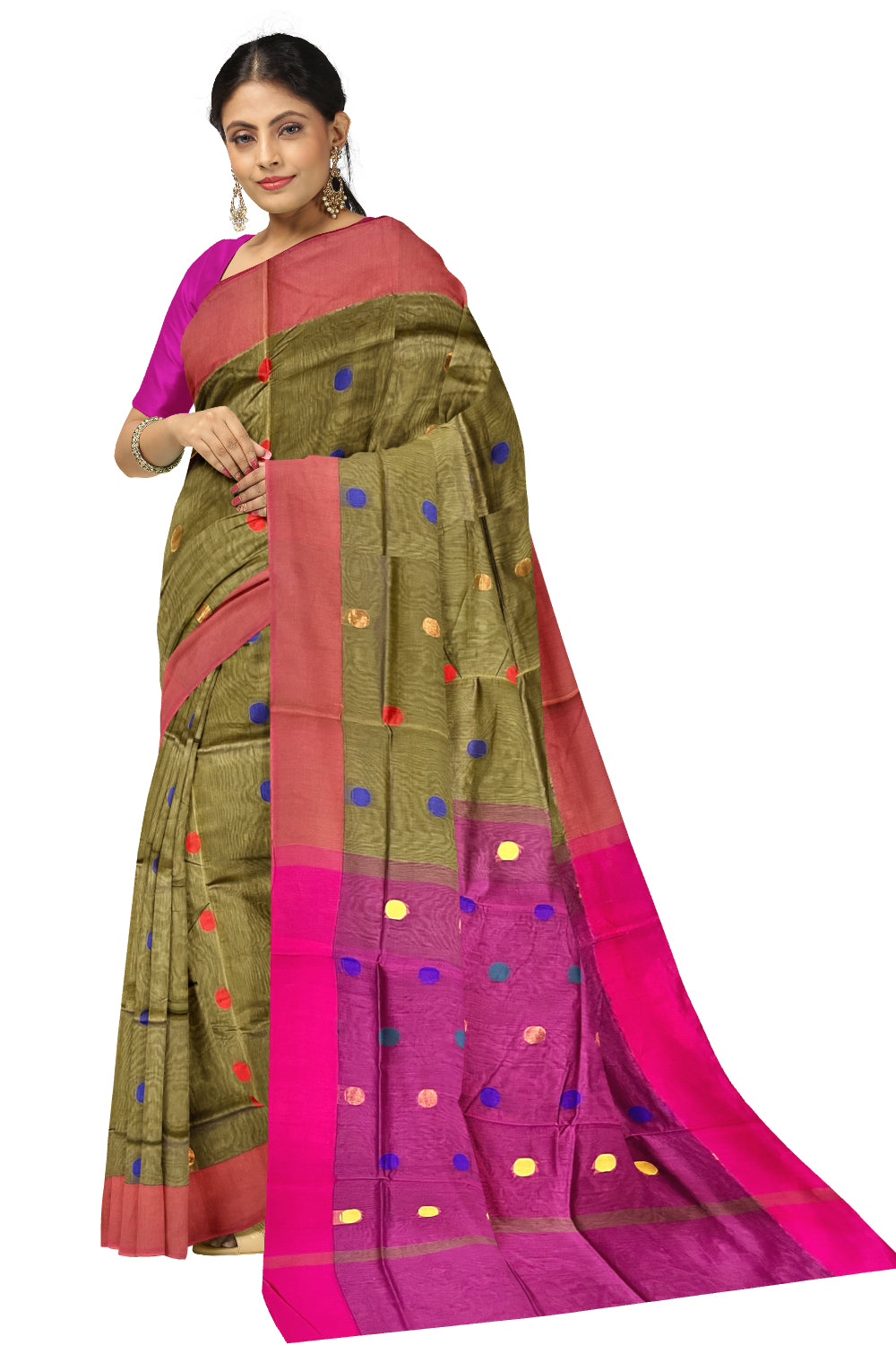 Southloom Cotton Green Saree with Polka Woven Designs and Magenta Border