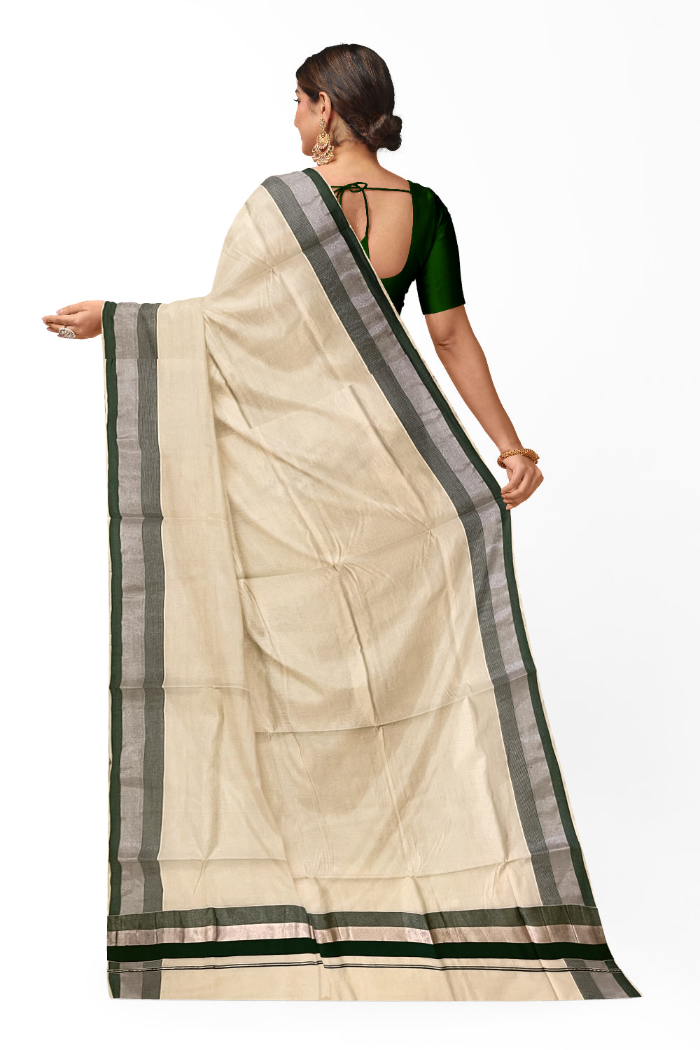 Kerala Pure Cotton Plain Saree with Silver Kasavu and Green Border