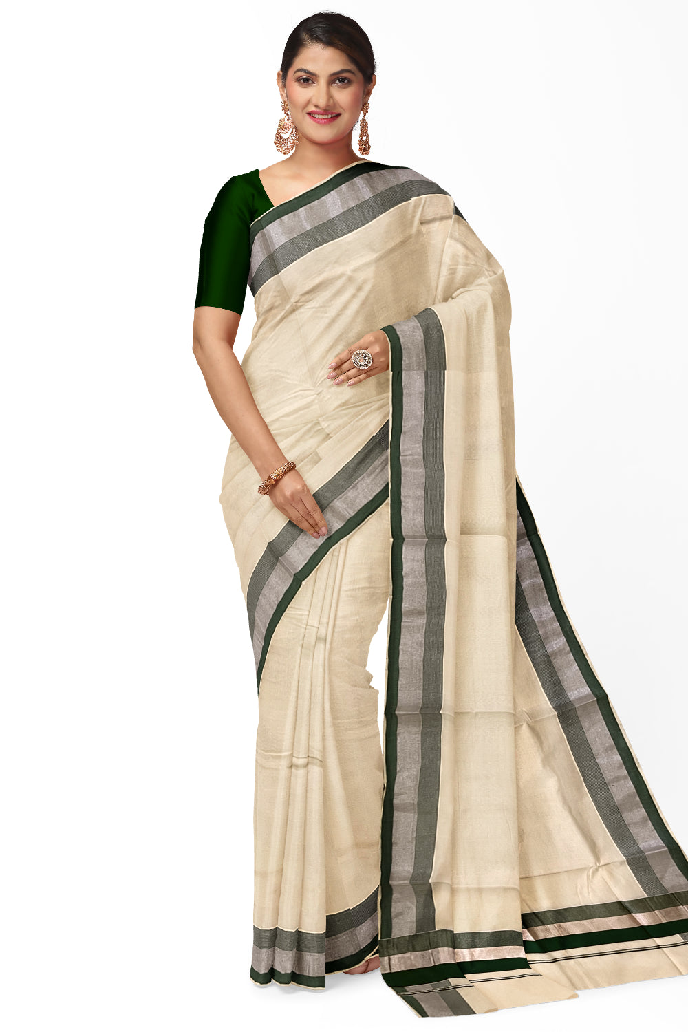 Kerala Pure Cotton Plain Saree with Silver Kasavu and Green Border