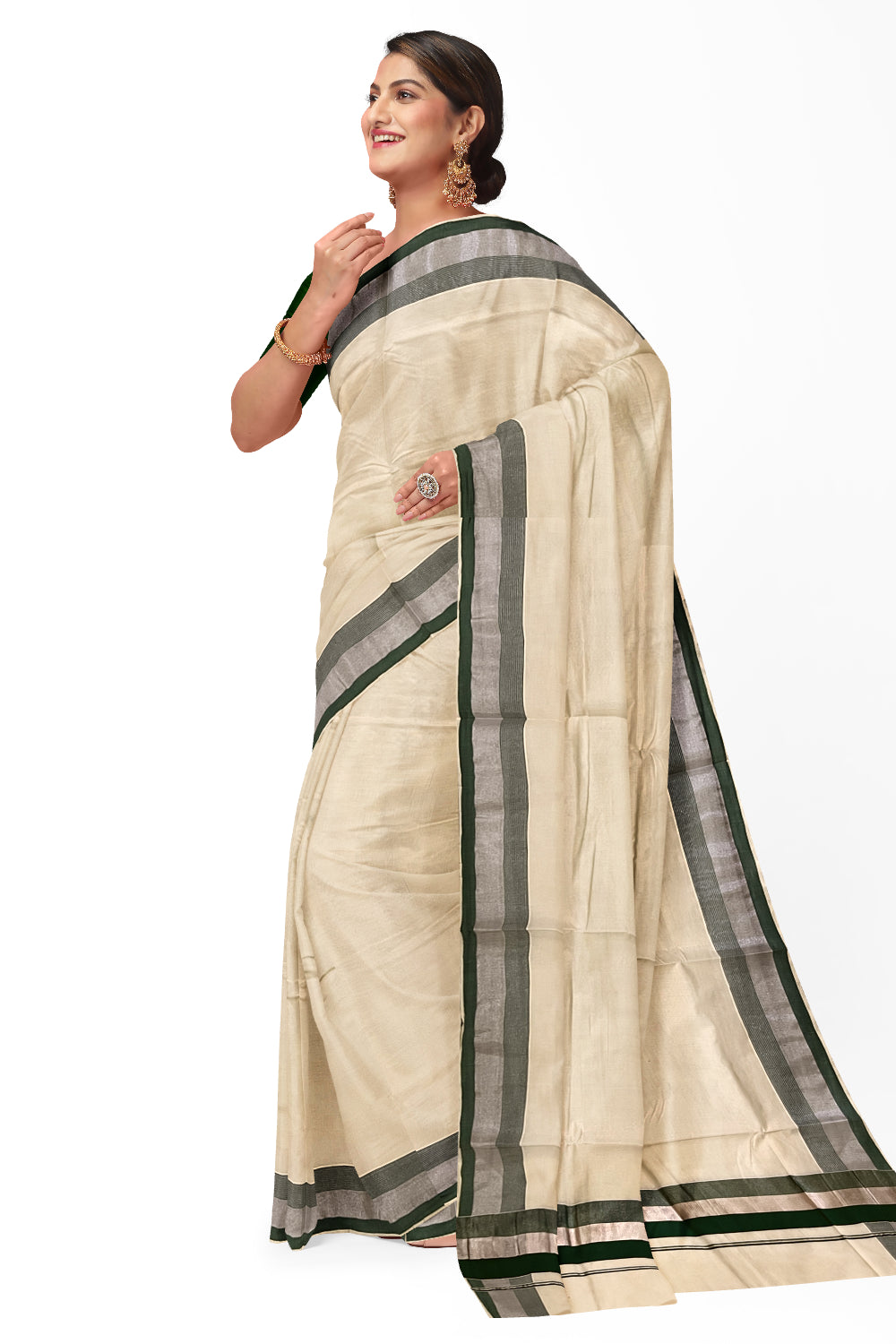 Kerala Pure Cotton Plain Saree with Silver Kasavu and Green Border