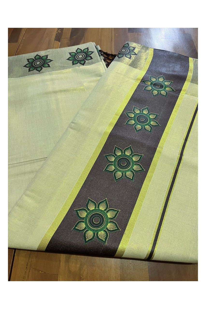 Kerala Tissue Kasavu Saree with Floral Block Prints in Brown Border