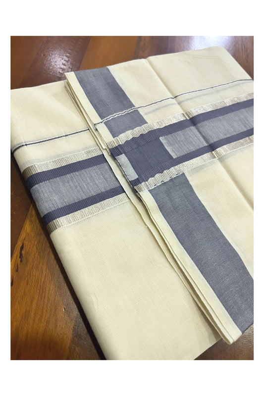 Kerala Cotton Off White Double Mundu with Silver Kasavu and Grey Border (South Indian Kerala Dhoti)