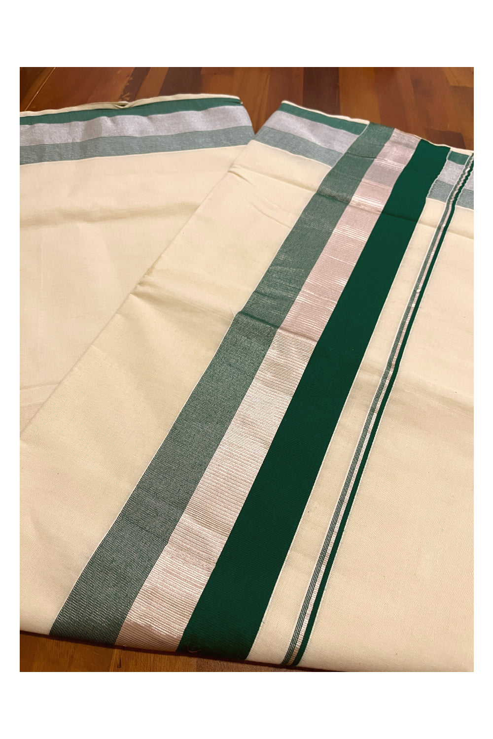 Kerala Pure Cotton Plain Saree with Silver Kasavu and Green Border