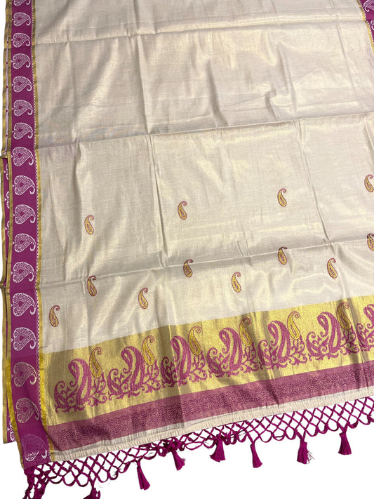 Southloom Kerala Tissue Kasavu Plain Saree with Magenta Floral Embroidery Works