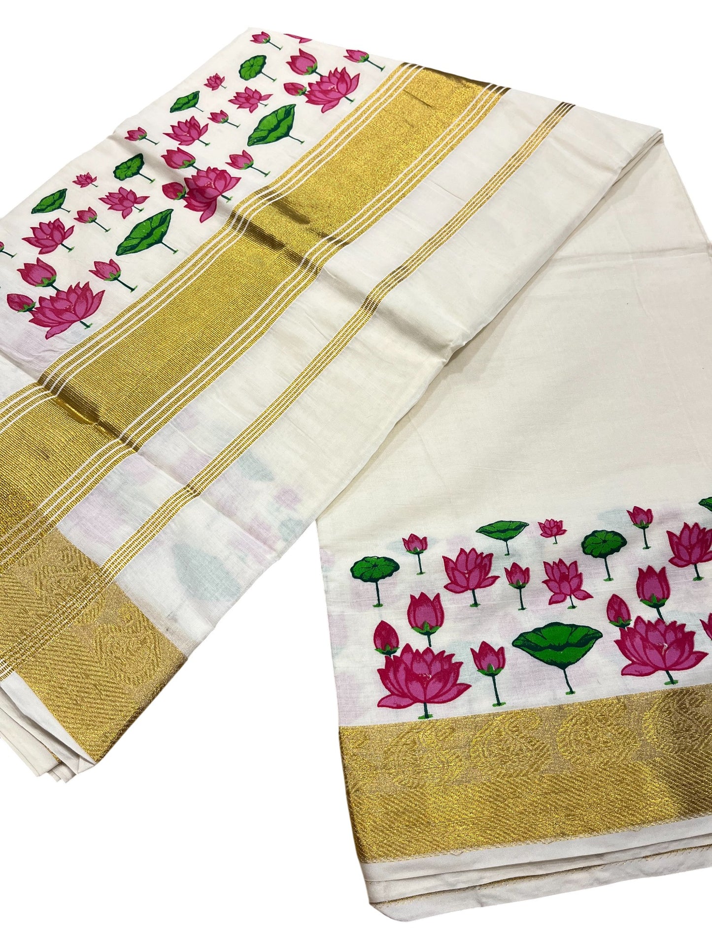 Southloom Cotton Kasavu Saree with Lotus Hanpainted Designs