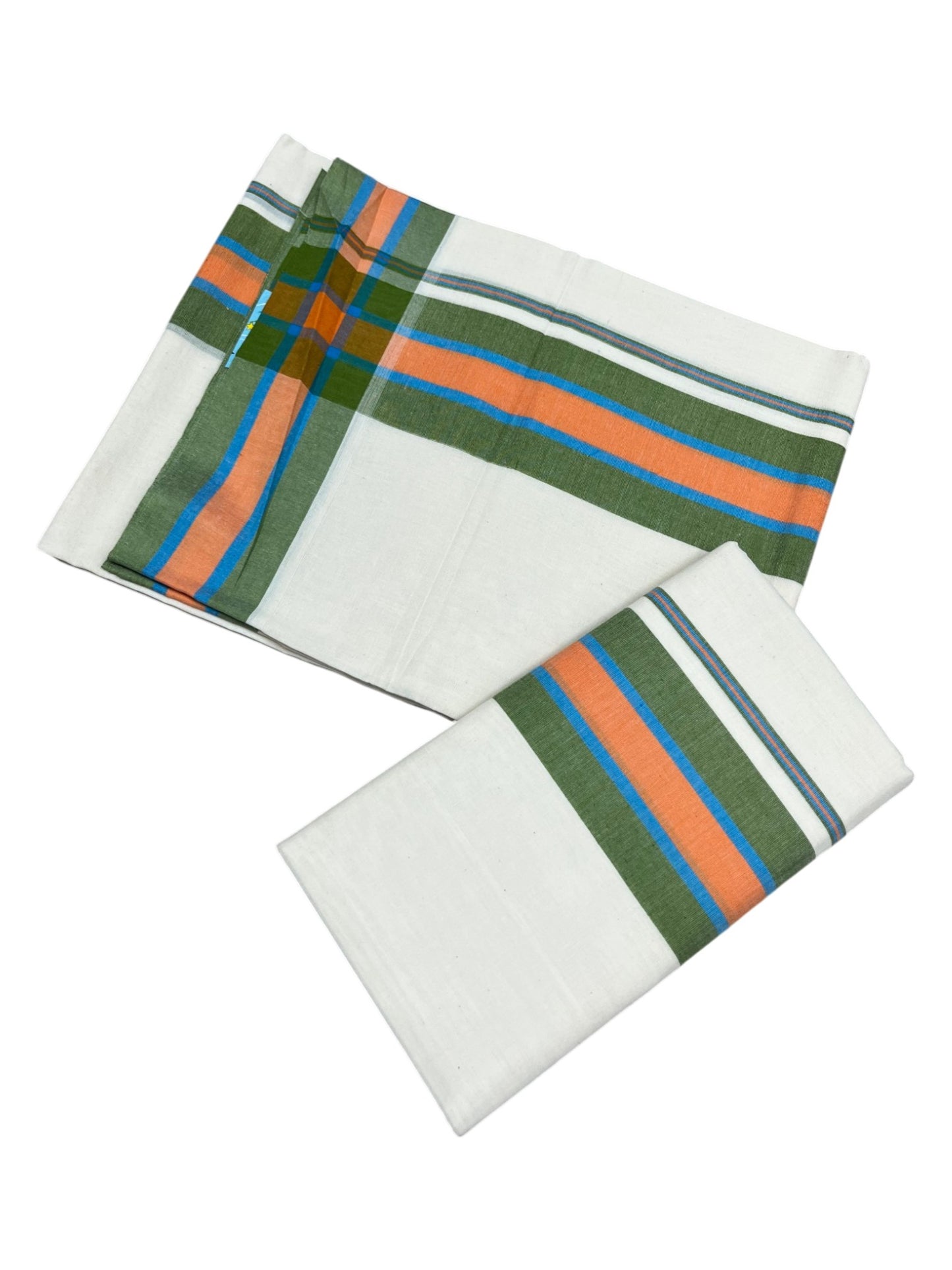 Southloom Pure Cotton Kerala Single Mulloth Set Mundu (Mundum Neriyathum) Orange & Green Border in 2.50 mtrs SL243