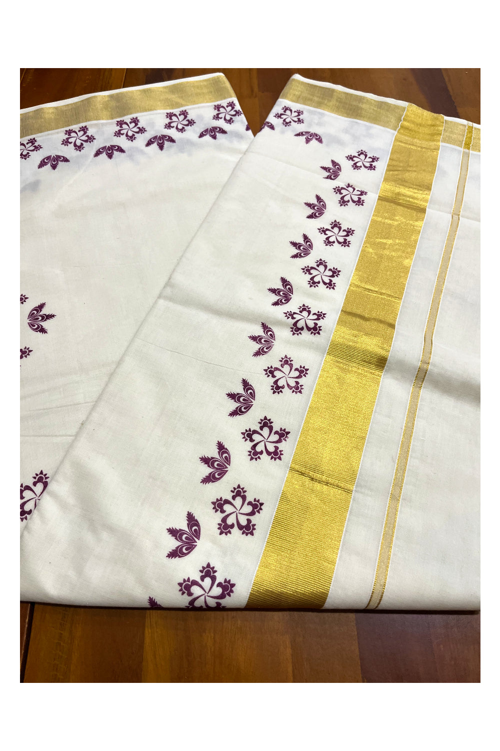 Pure Cotton Kerala Kasavu Saree with Purple Block Prints and Kasavu Border