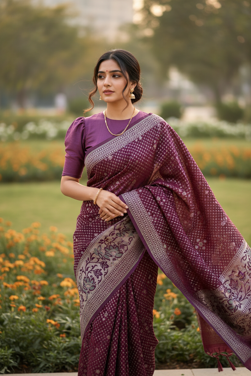 Southloom Pure Banarasi Silk Saree with Woven Work on Body and Borders (Maroon & Violet)