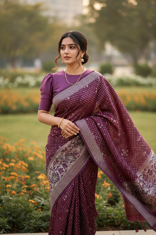 Southloom Pure Banarasi Silk Saree with Woven Work on Body and Borders (Maroon & Violet)