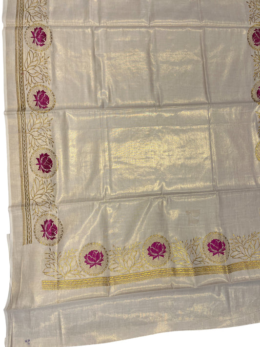 Southloom Kerala Tissue Kasavu Plain Saree with Magenta Floral Embroidery Works