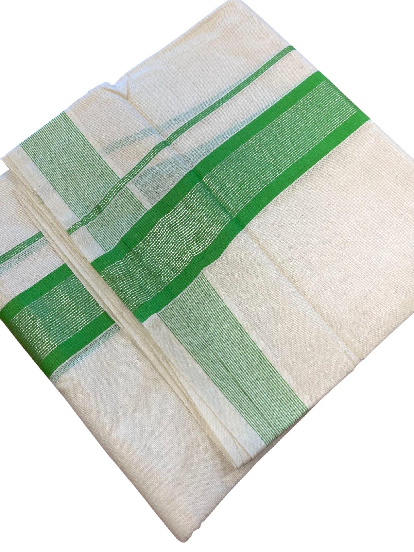 Southloom Kerala Pure Cotton Double Mundu with Silver Lines & Green Border (South Indian Dhoti)