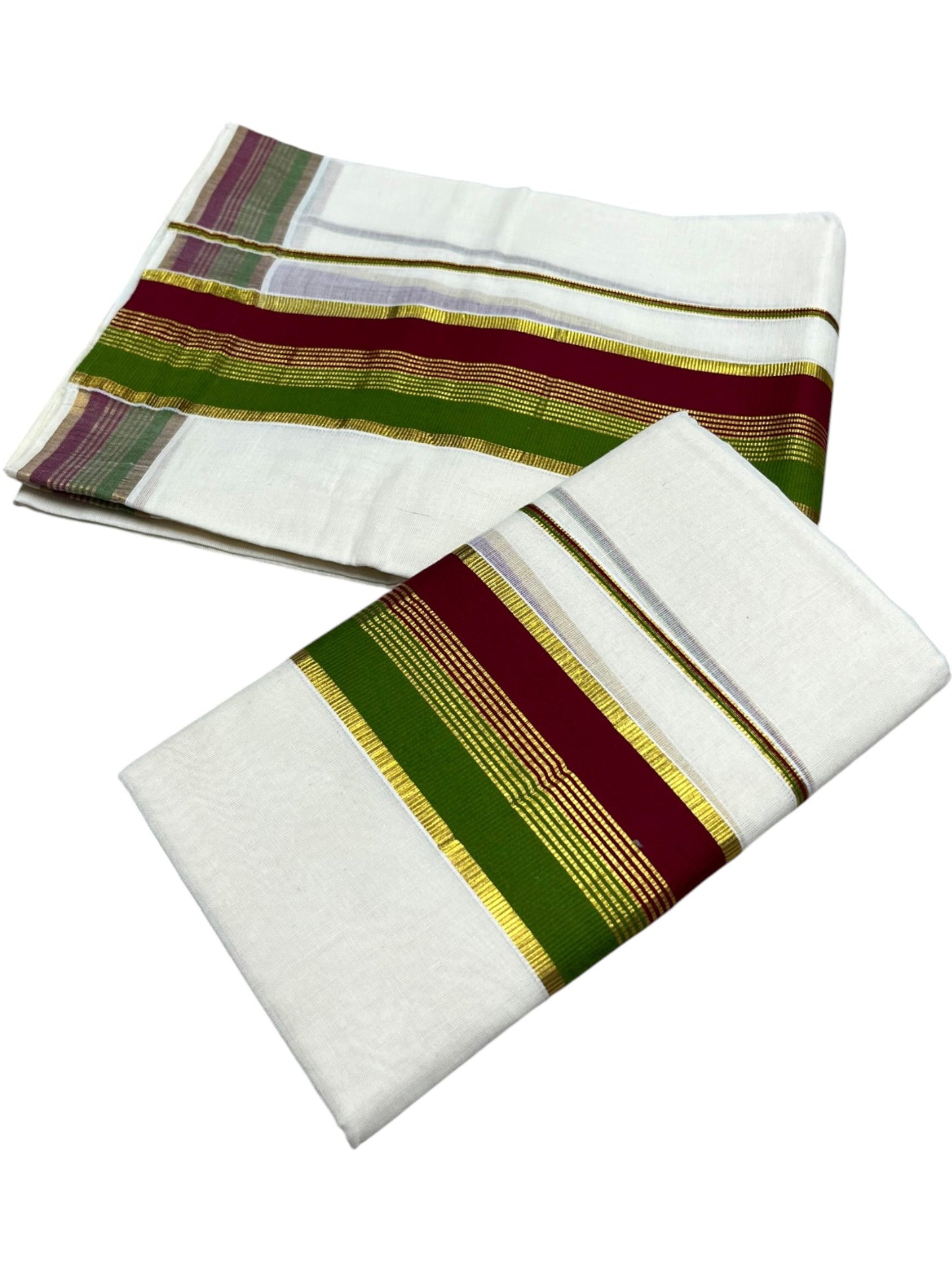 Southloom Kerala Cotton Kasavu Single Set Mundu (Mundum Neriyathum) with Maroon and Olive Green Kasavu Border SLKK