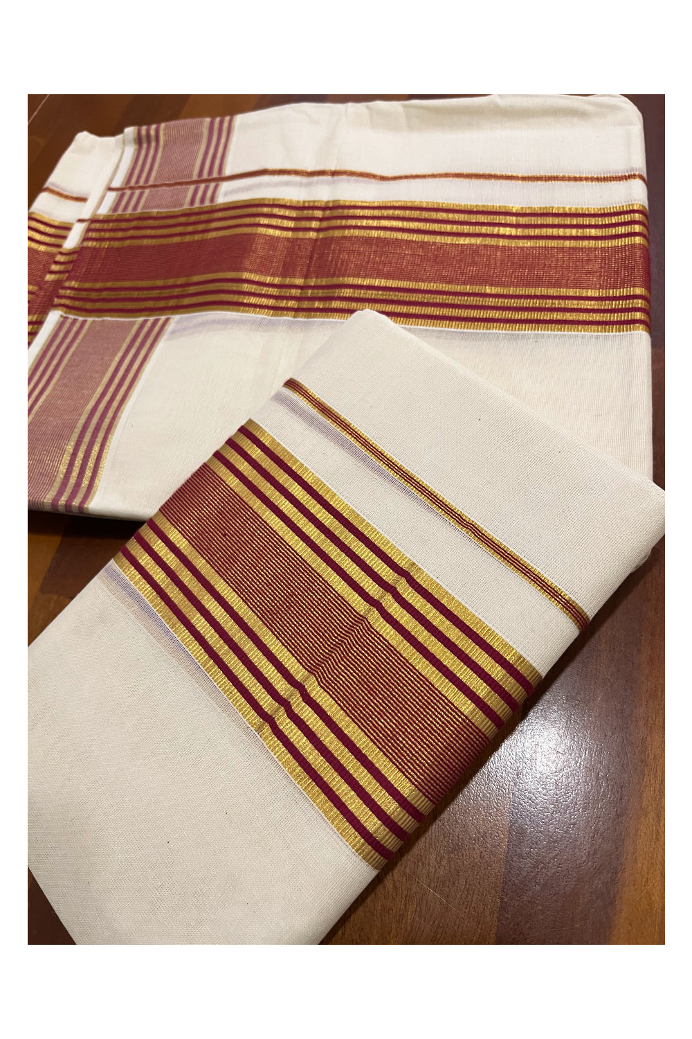 Pure Cotton Mundum Neriyathum Double (Set Mundu) with Maroon and Kasavu Border 2.80 Mtrs