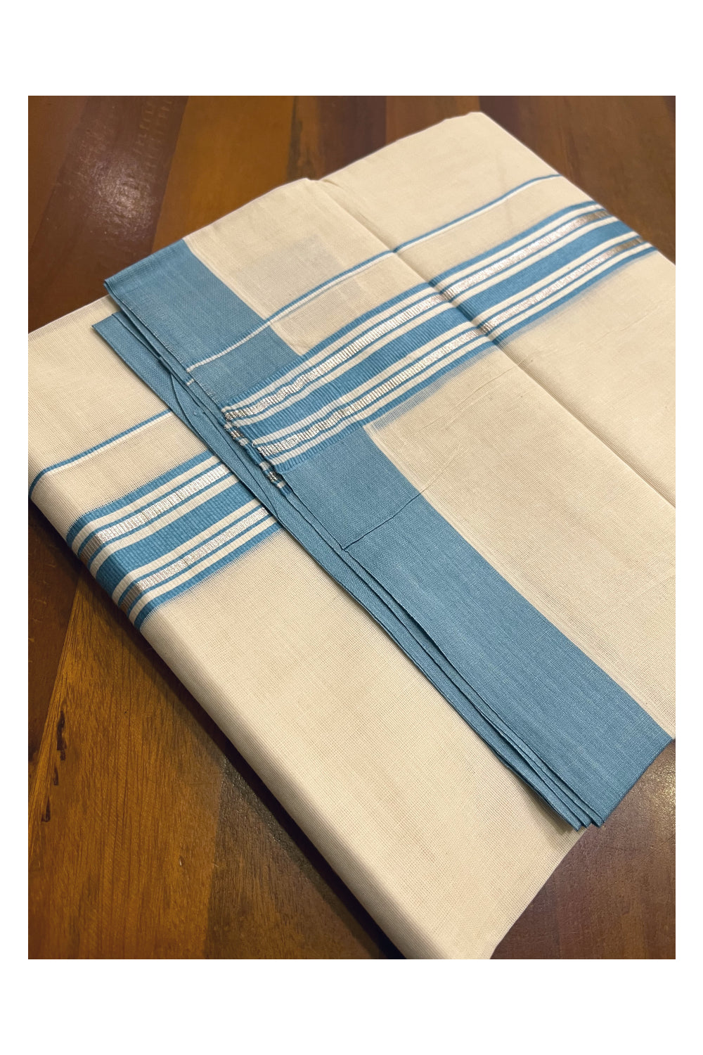 Kerala Pure Cotton Double Mundu with Silver Kasavu and Light Blue Border (South Indian Kerala Dhoti)