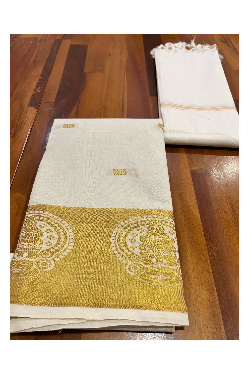 Kerala Cotton Churidar Salwar Material with Kasavu Kathakali Woven Designs (include Shawl / Dupatta)