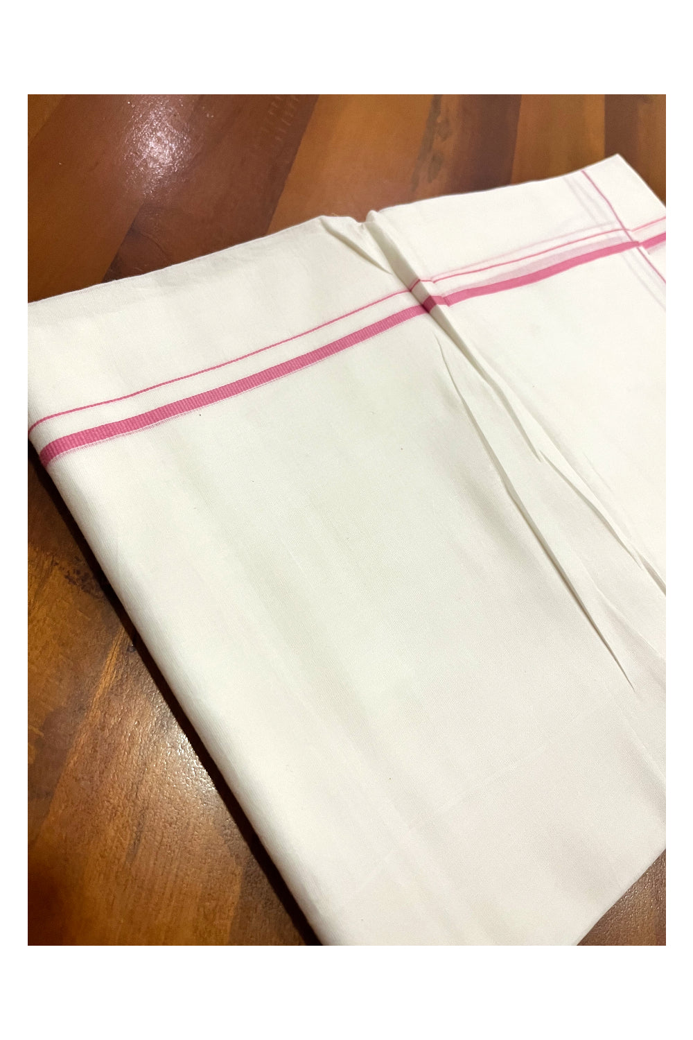 Pure White Kerala Cotton Double Mundu with Pink Thin Kara (South Indian Kerala Dhoti)