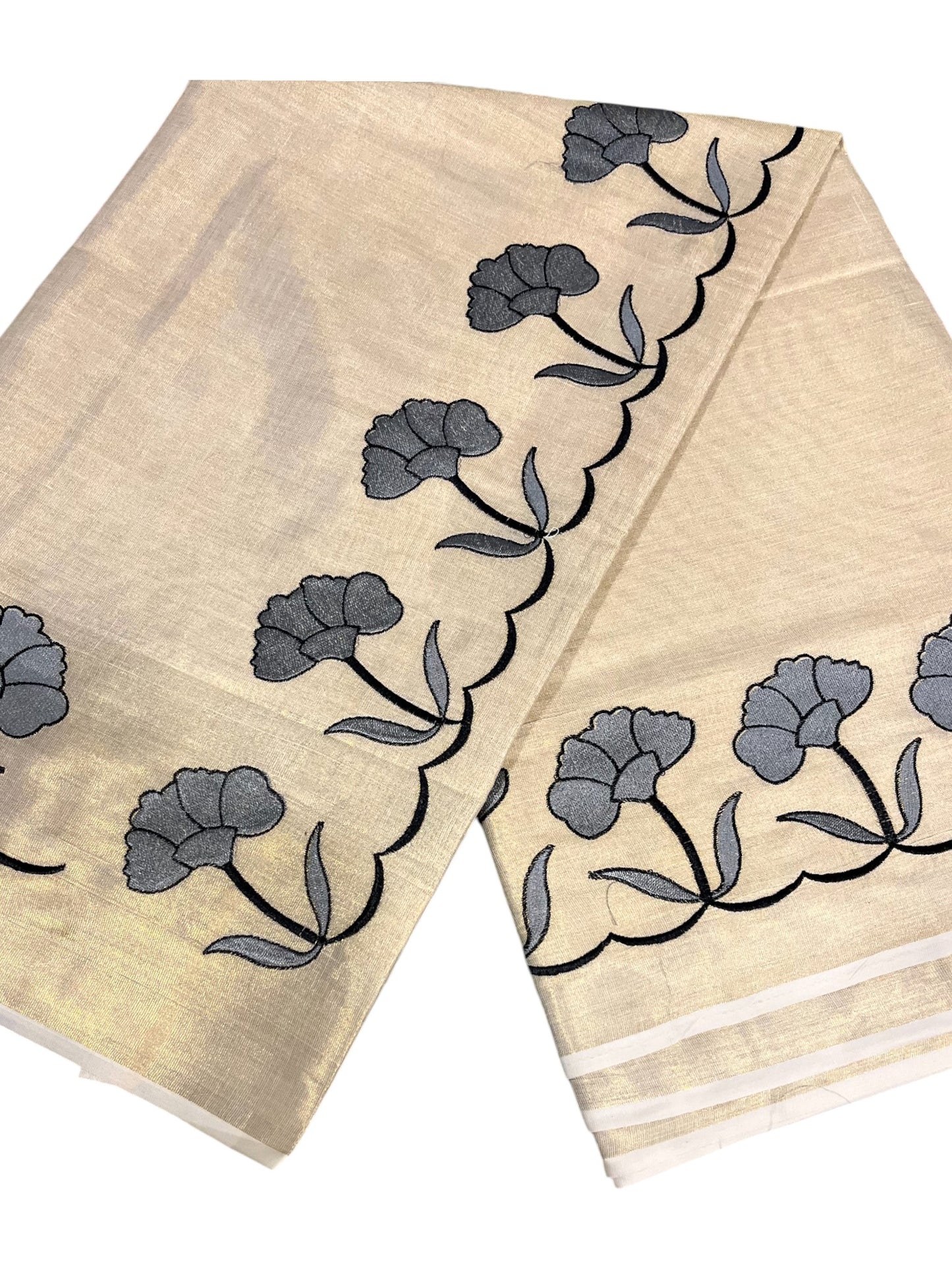 Southloom Cotton Kerala Saree with Grey Floral Embroidery Design on Border