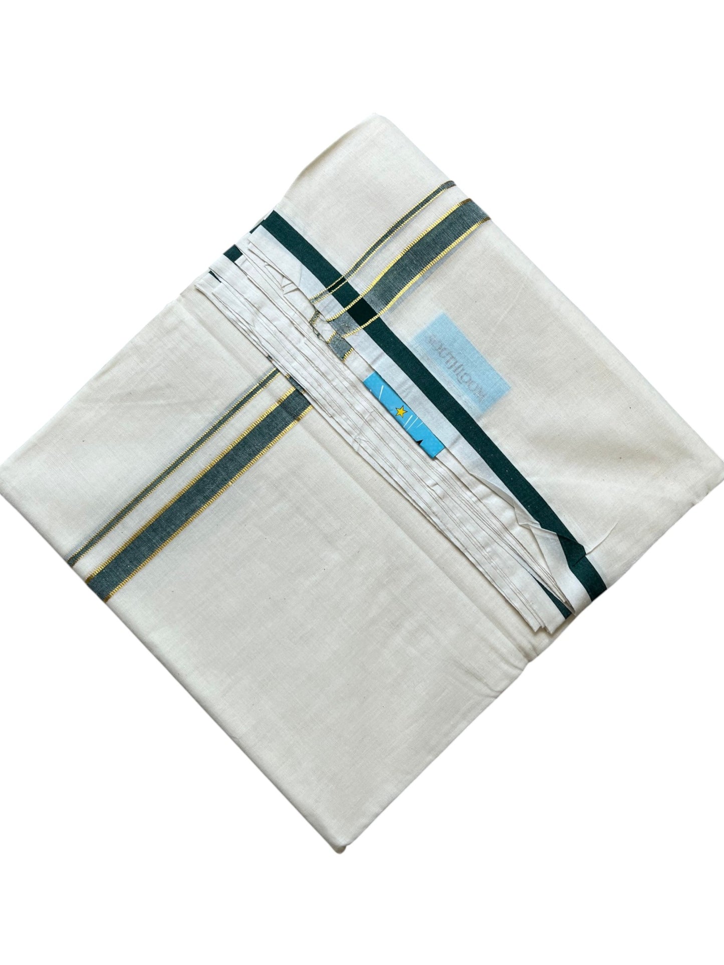 Southloom Pure Cotton Mundu with Golden Lines and Green Border (South Indian Kerala Dhoti)