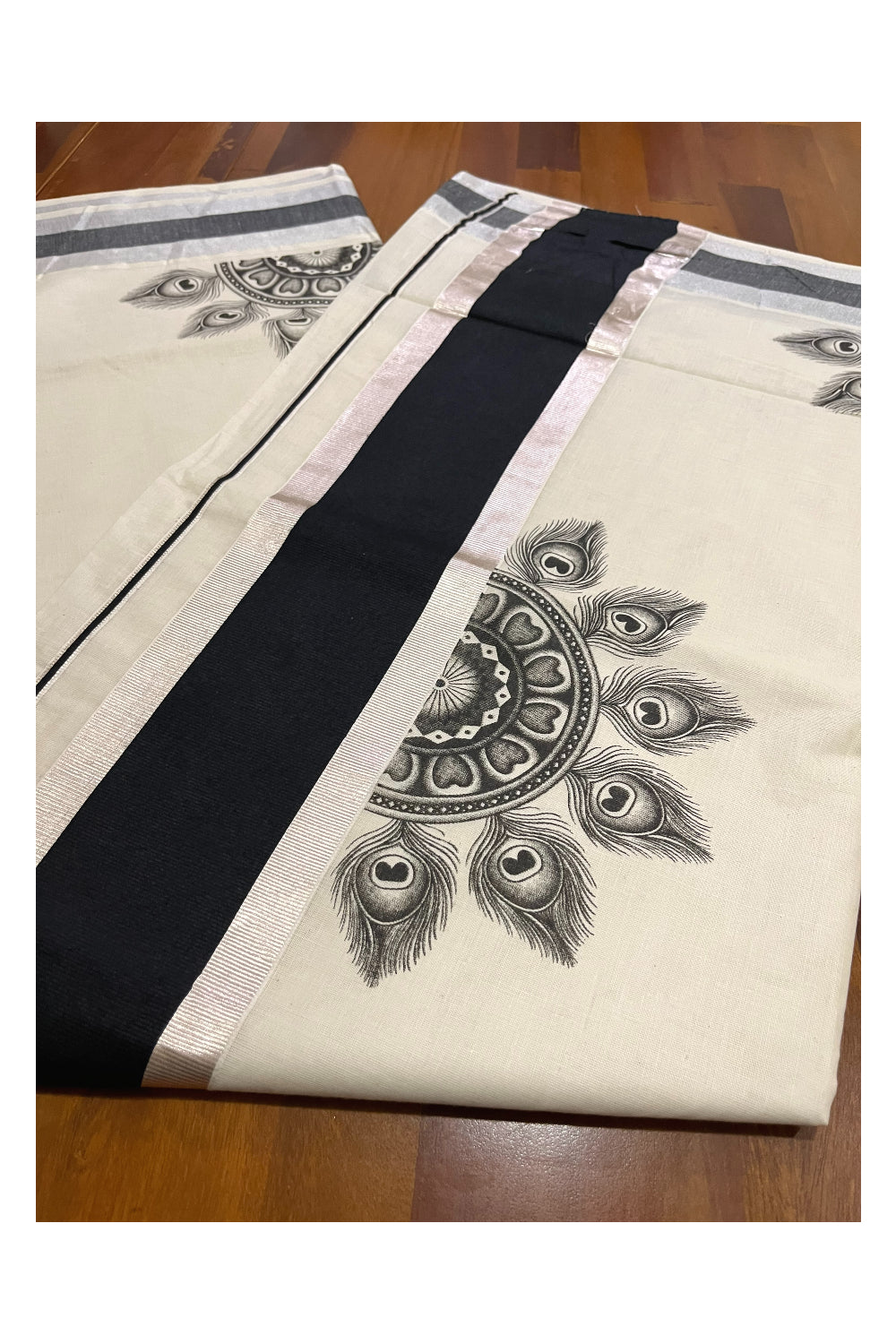 Pure Cotton Kerala Silver Kasavu Saree with Semi Circle Feather Mural Prints and Black Border (Onam Saree 2023)