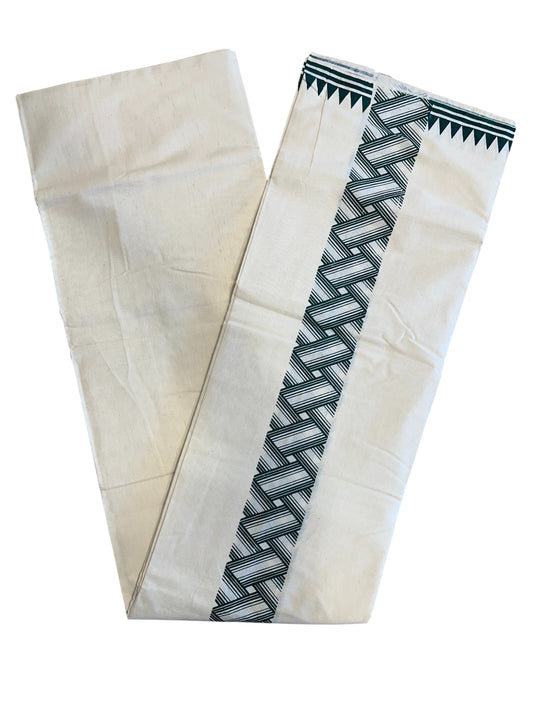 Southloom Pure Cotton Double Mundu with Block Prints on Green Kara (South Indian Kerala Dhoti)