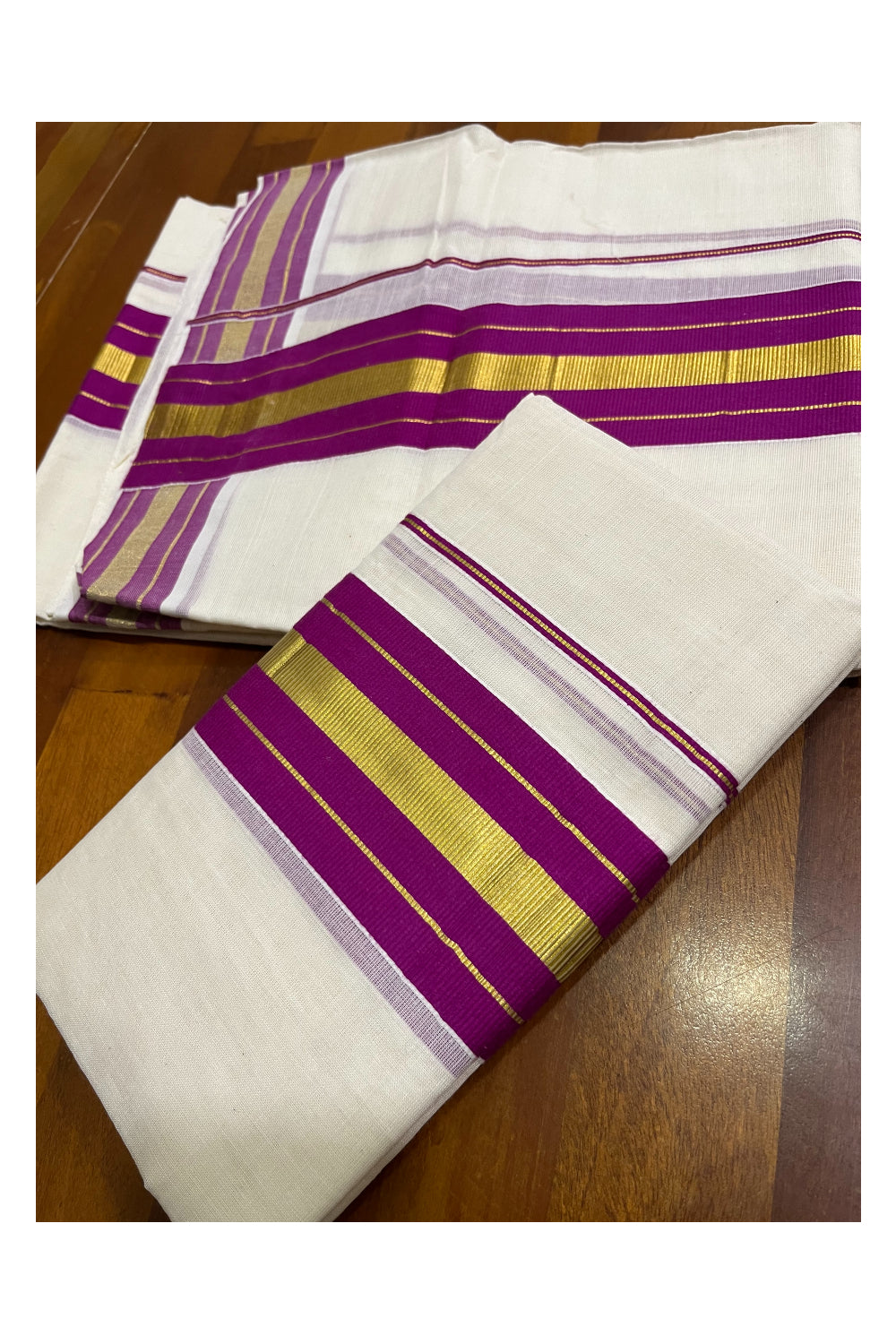 Kerala Cotton Set Mundu (Mundum Neriyathum) with Magenta and Kasavu Border 2.80 Mtrs