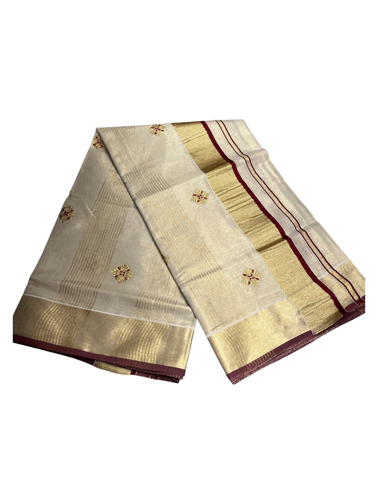 Kerala Tissue Kasavu Lines Saree with Golden And Maroon Embroidery Works