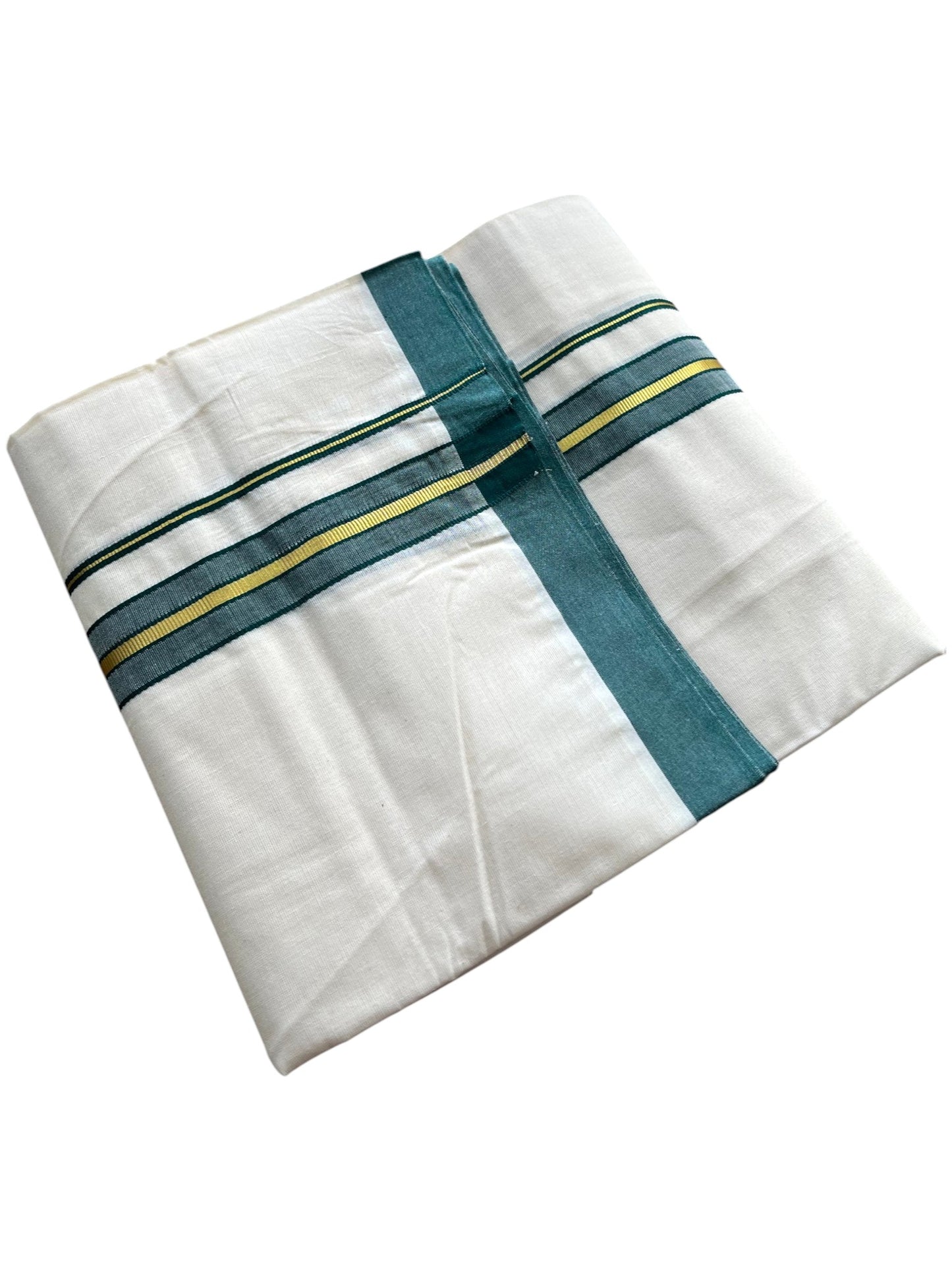 Southloom Pure Cotton Mundu with Golden Lines and Peacock Green Border (South Indian Kerala Dhoti)