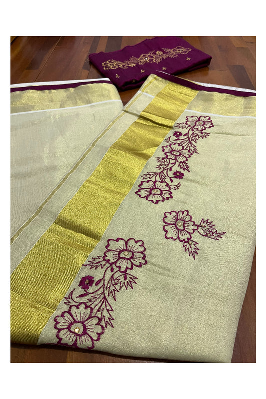Kerala Tissue Kasavu Saree with Floral Embroidery Works on Body and Magenta Blouse Piece