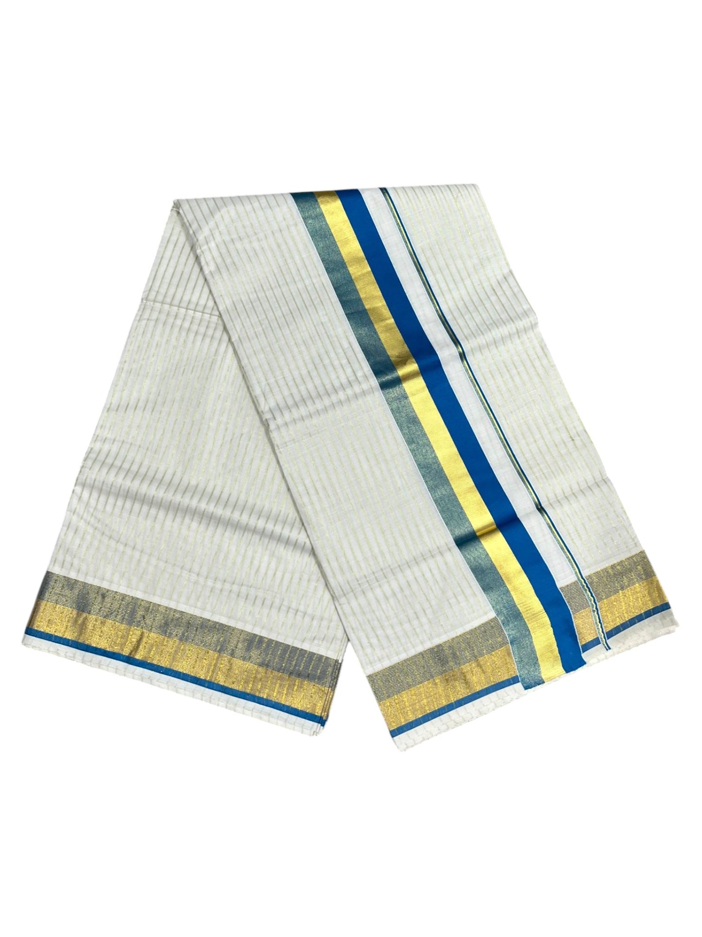 Southloom Pure Cotton Kerala Saree with Gold Kasavu Lines Across Body and Blue Border