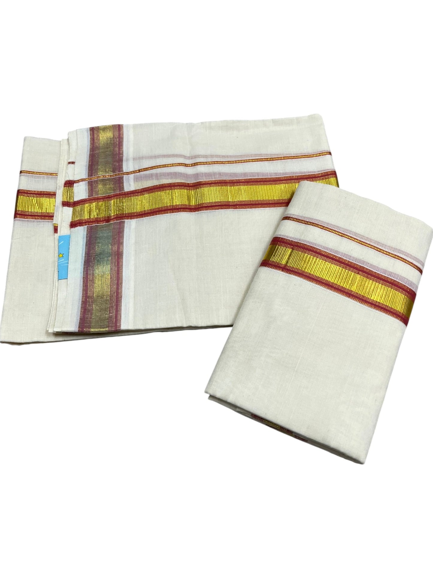 Kerala Cotton Set Mundu (Mundum Neriyathum) with Kasavu and Red Border 2.80 Mtrs SLKK SL470
