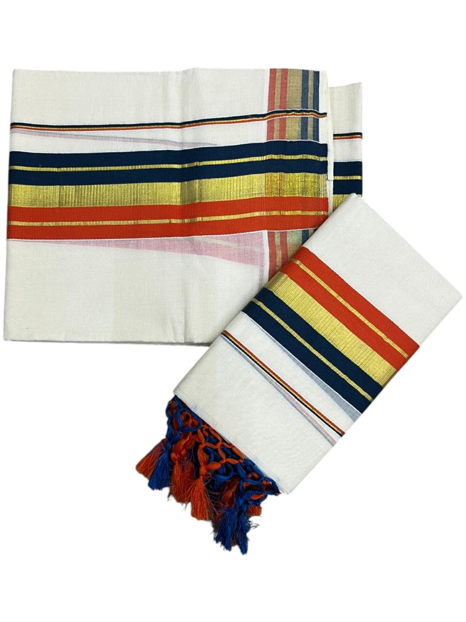Southloom Kerala Cotton Kasavu Single Set Mundu (Mundum Neriyathum) with Orange with Blue Gold Kasavu Lines .SLKK SL518