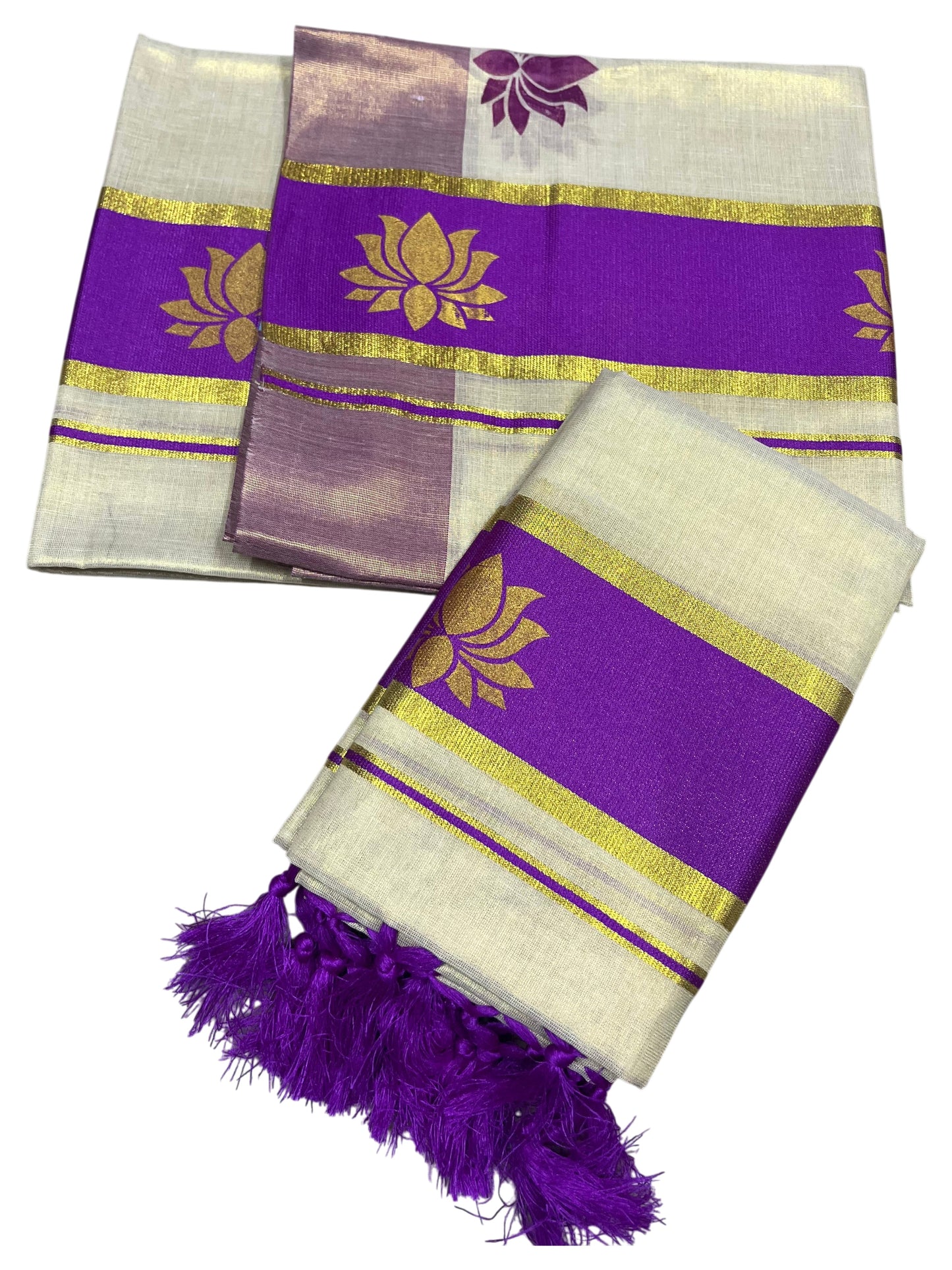 Southloom Kerala Cotton Kasavu Single Set Mundu (Mundum Neriyathum) with Lotus Design in Magenta